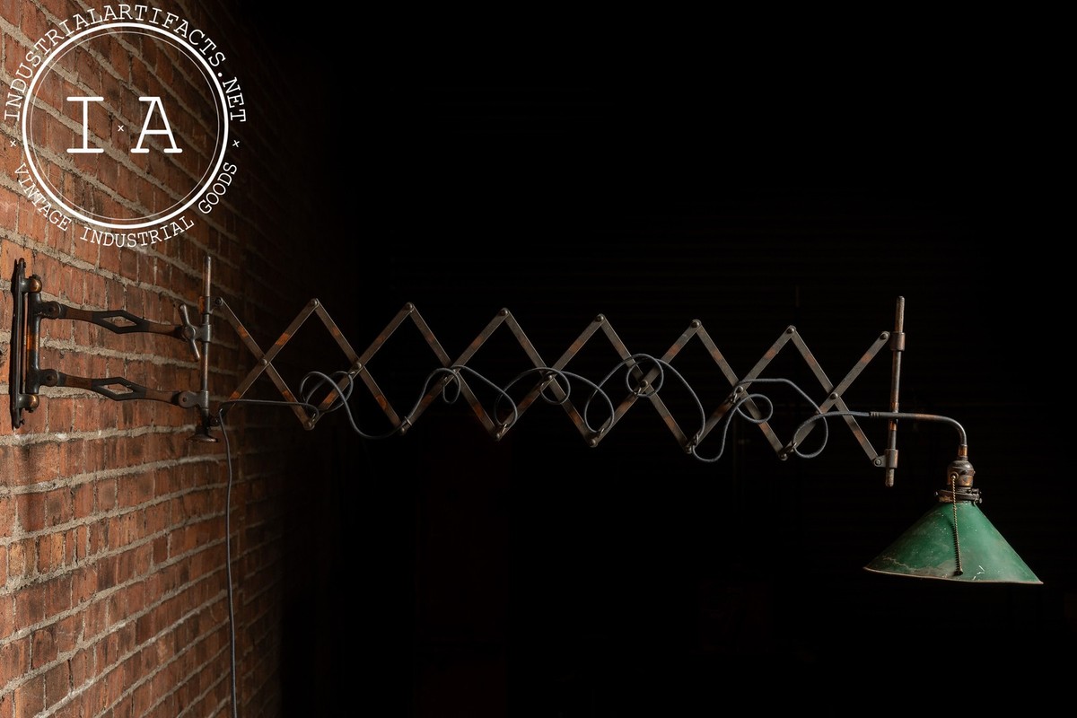 Antique Japanned Copper Scissor Arm Wall Lamp with Mirrored Art