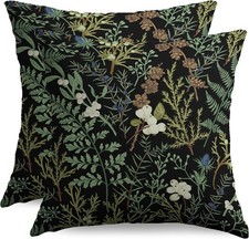 Botanical Print Floral Pillow Covers 20x20 Set of 2 Black Sage Green Spring V...