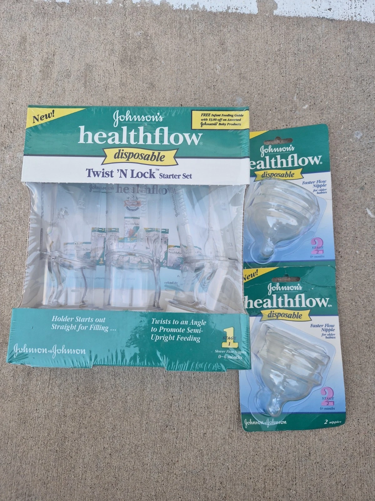 SEALED VTG 90s Johnsons Healthflow Baby Bottles Angled 8 oz & 4 Stage 2 Nipples