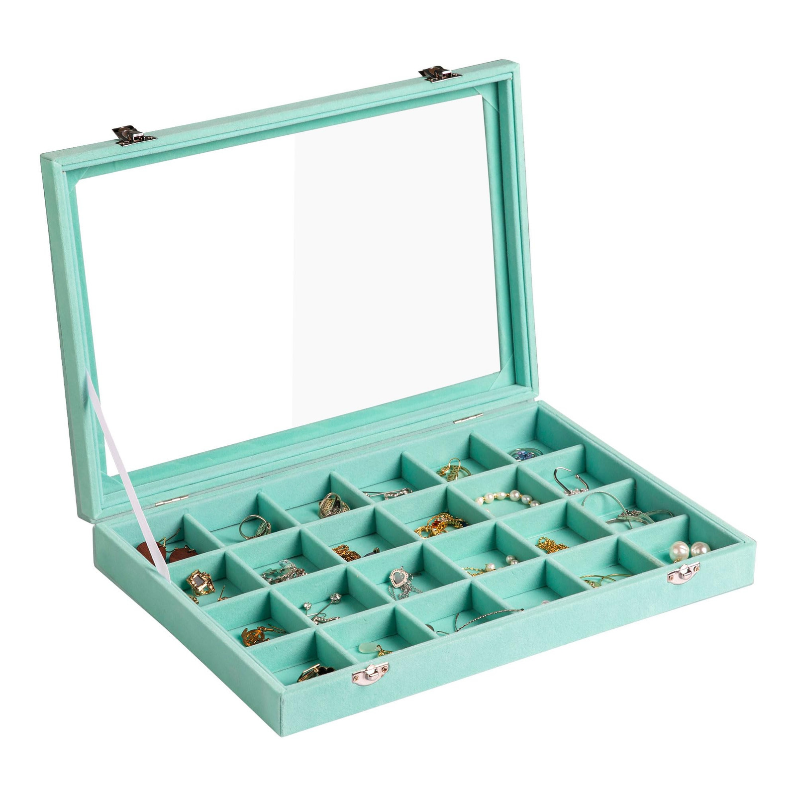 Velvet Jewelry Organizer Tray with Clear Lid and 24 Grid Drawer Insert-image