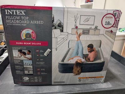 Intex Dura-Beam Deluxe Pillow Top Headboard Airbed Mattress Queen Built-In Pump