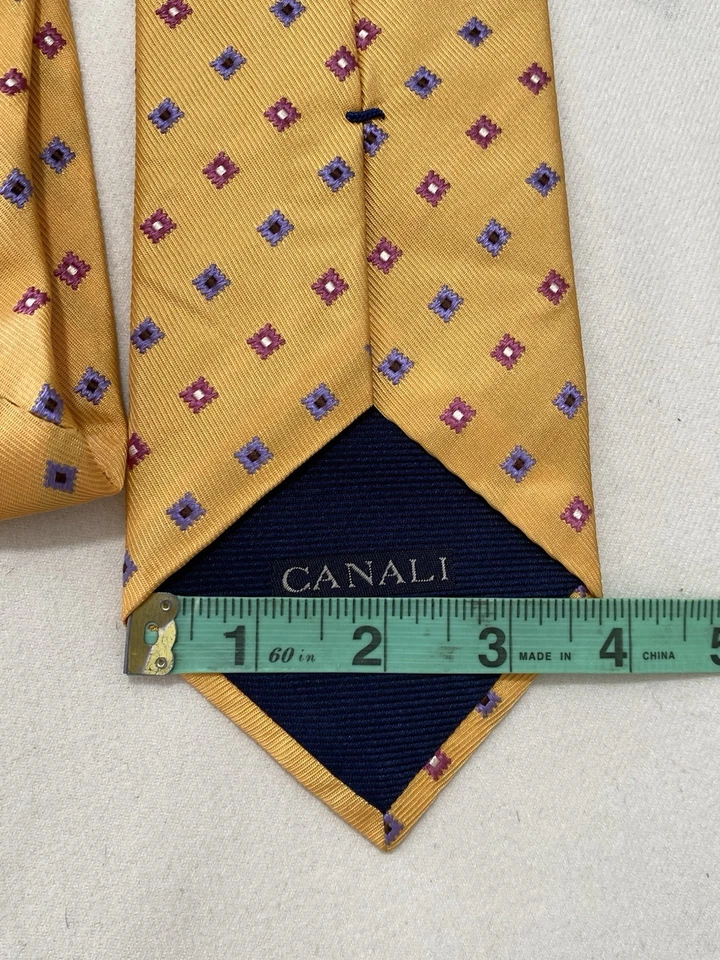 CANALI All Silk 黄色男式领带。 几何图案。 意大利制造。 Ex Con — 第 4/4 张图片