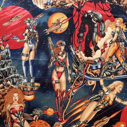 Alexander Henry Fabric 1yd Galactica Space Girls Sexy Pinup Blue Space Ship - Picture 10 of 11