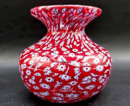 Murano Vibrant Red Millefiori Vase 3 1/2" Italy Gorgeous!