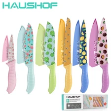 HAUSHOF 6PCS Kitchen Knife Set Non-Stick Coated Stainless Steel Blades w/Sheaths