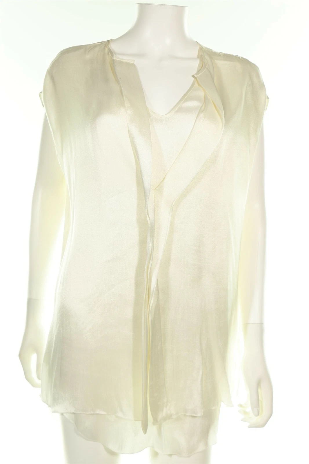 Lanvin — LANVIN 134133 Womens Solid Cream Satin Sleeveless Blouse Sz 14