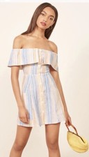 Reformation Linen Off the Shoulder Landy Striped Mini Dress Size 10