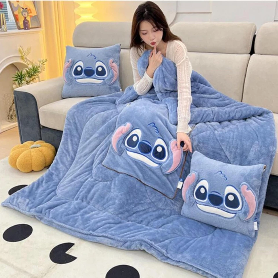 2 in 1 Flanell Decken Kissen Blau Stitch Warme Weiche Schlafdecke Kuscheldecken - Bild 4 von 4