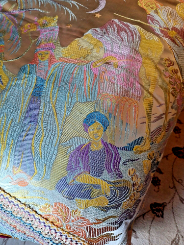 Vintage 1940s Egyptian bedspread fringed edge silver rayon camels palm trees Egy - Picture 5 of 8