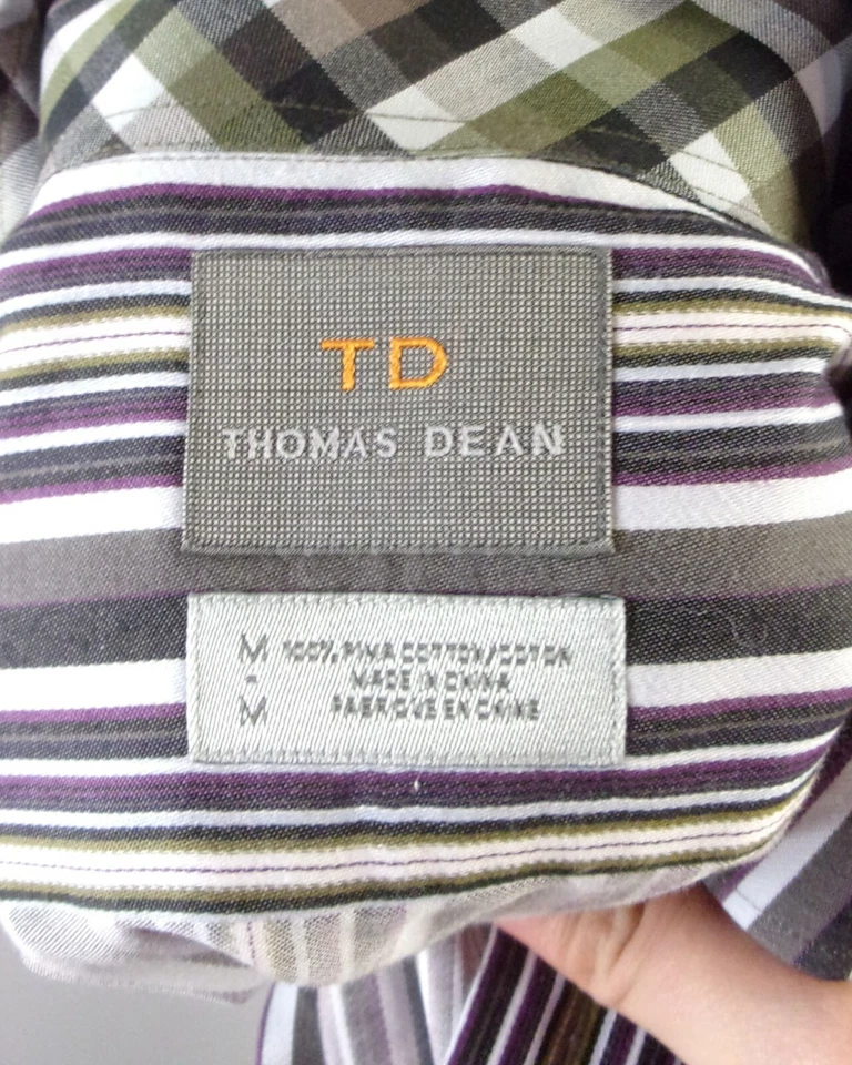 euc Thomas Dean Brown Gray Striped Button Down Dress Shirt Pima Cotton sz M - Image 3 of 3