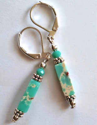 seafoam IMPERIAL JASPER Chinese Crystal earring SP LEVERBACK handcrafted XGE