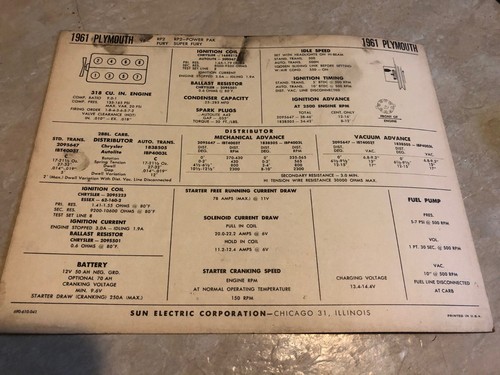 1961 Sun Electric Car Specs Sheet Chart Chevy Ford Buick Dodge Mercury Pontiac - Picture 42 of 58