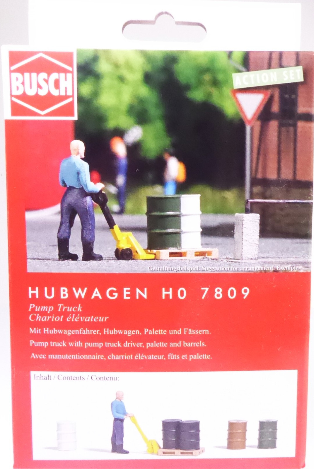 H0 Busch Fahrerfigur Arbeiter Mit Hubwagen Palette 5 Fässer Grün Braun