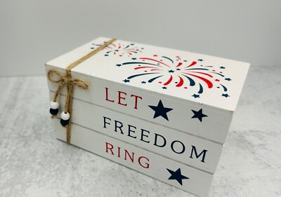 Let Freedom Ring July 4th 3D Wood Sign Faux Book Stack Tiered Tray Patriotic