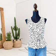 Talbots Women’s S Petite Sleeveless floral Print Tie Front Blouse V-Neck White