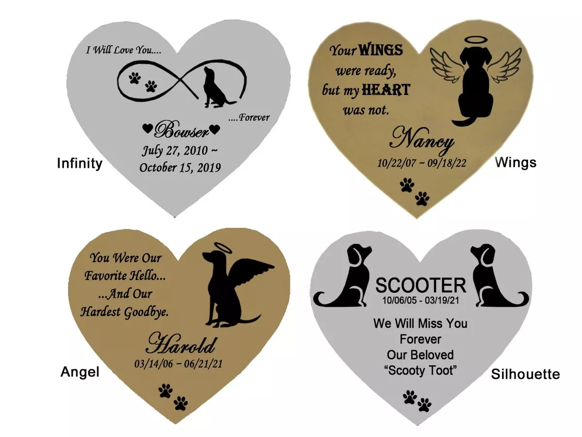 Dog Name Plate Engraved Memorial Heart Shape Pet Loss Gold or Silver 2 Sizes