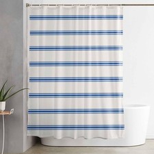 72x72 Modern Geometric Shower Curtain, Blue Stripe, Grommet, Hooks, Beige