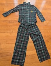 Ralph Lauren Pajama Set Women Small Green Tartan Plaid Fleece Pant Top Crest