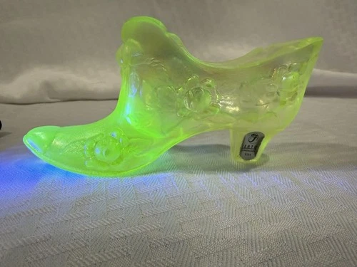 Fenton Yellow Iridescent Cabbage Rose Slipper Shoe Uranium Glass- Glows Bright