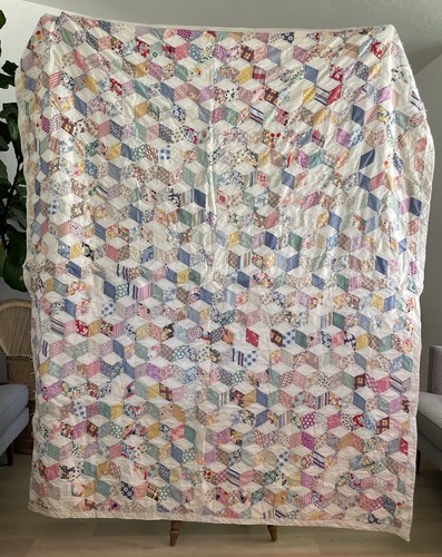 Vintage Feedsack Tumbling Blocks Quilt 72x80 Hand Pieced Depression Era Fabrics