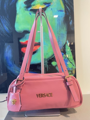 Versace Tag Bowling Bag Leather Pink $1790 Authentic 1015792 Hot deal
