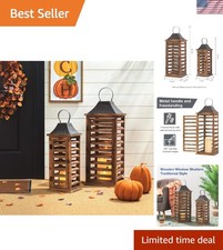 Elegant Set of 2 Farmhouse Wooden Candle Lanterns - Distressed Vintage Style