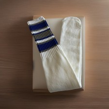 Men  s VTG socks White/Blue Grey Striped Crew Mid Calf One Size USA Tube 24  