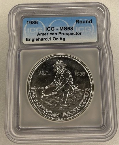 1986 ENGELHARD “The American Prospector” ICG MS68 1oz .999 Fine Silver Round