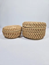 Vintage Set of 2 Round Woven Rattan Lid Baskets – Boho Farmhouse Storage Decor