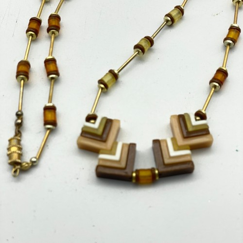 Vintage Geometric Chevron Beaded Necklace Tan Brown Cream Modernist - Picture 5 of 7