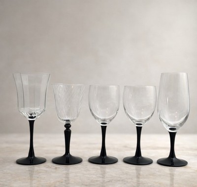 Vintage Luminarc & Cristal d'Arques Black Stem Wine Glasses   Mixed Set of 5