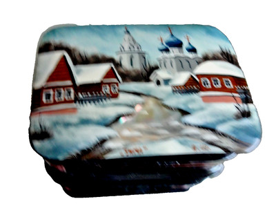 Russian Fedoskino Black Lacquered Wood Hinged Trinket Box (2.5 in. by 2) signed