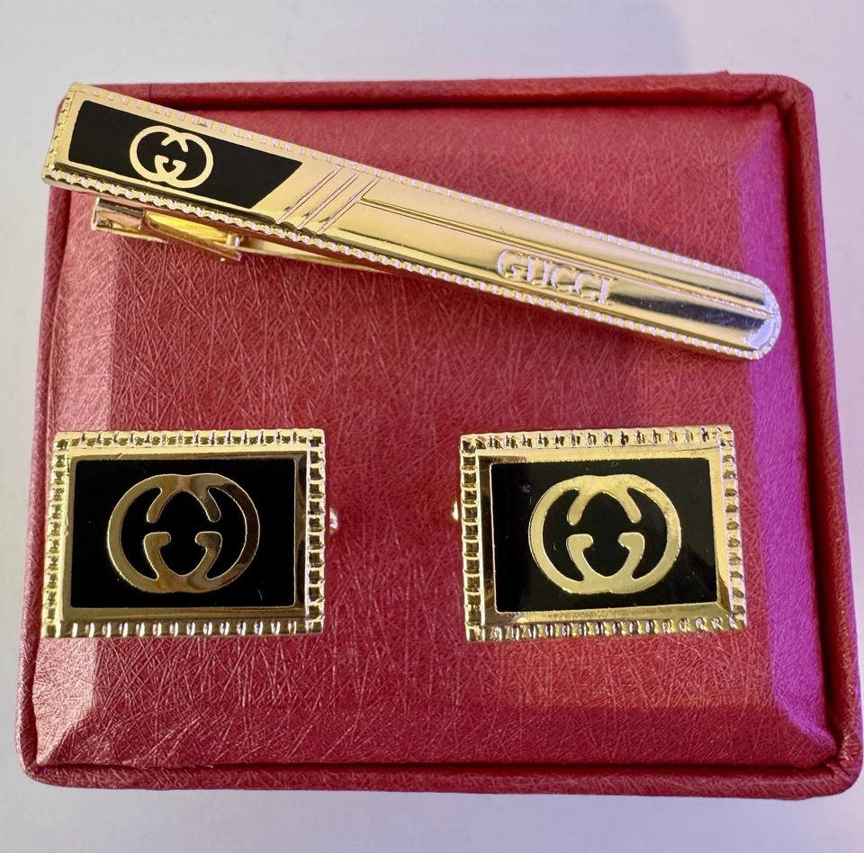 💝 Elegant Gucci Gold & Black Cufflinks & Tie Clip Set –Luxury Men’s Gift Box 💝 — 第 4/4 张图片