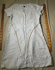 Talbots Dress Womens Size 16 Blue White Linen Railroad Stripe Button Vneck
