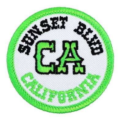 Sunset Blvd California Embroidered Patch White/Neon Green Iron-On Sew-On Hat Bag