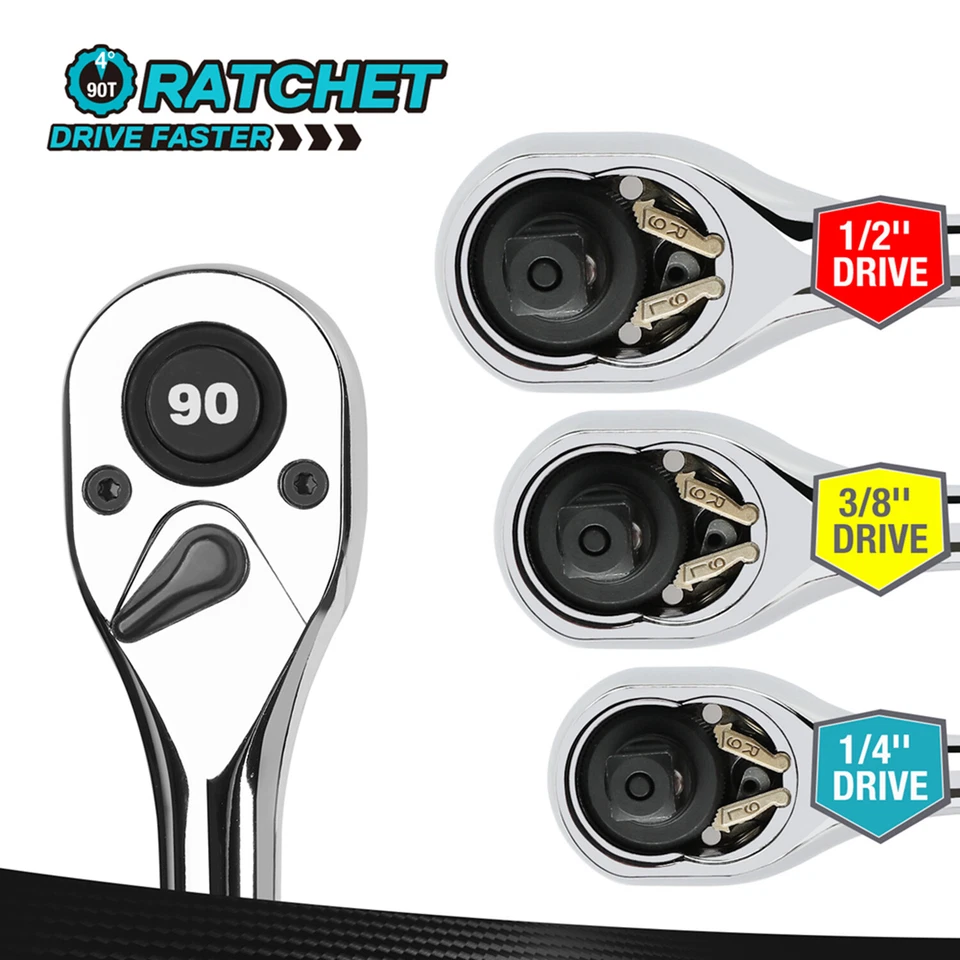 DURATECH 3PC Ratchet Set 1/4" 3/8" 1/2" Drive Reversible Ratchet Handle 90-Tooth - Image 3 of 4