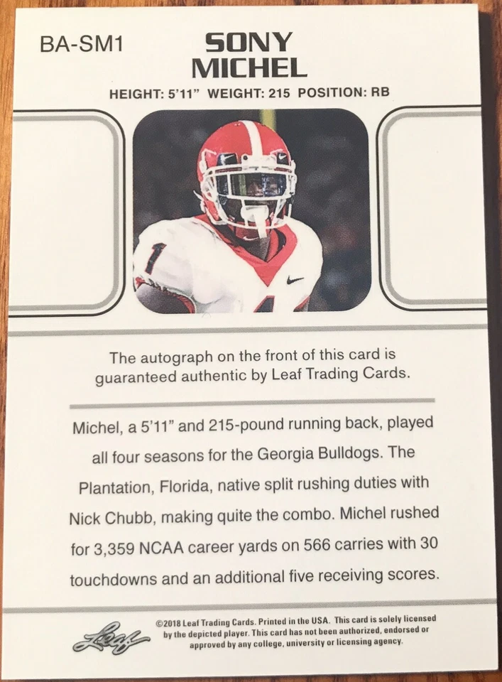2018 Leaf Ultimate Draft Autographs Sony Michel #BA-SM1 Georgia Bulldogs - Image 2 of 2