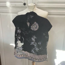 CITRON mandarin collar cap sleeve 100% silk  Asian Print Blouse size Large