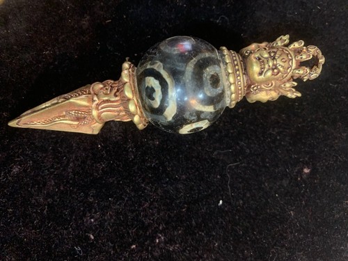 Large Tibetan Brass Dhanada Inlay Old Agate Dzi *9Eyed* Bead Ritual Implement
