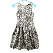 Zara Jacquard Party Dress Womens XS Taupe Beige Pleated Fit Flare Sleeveless