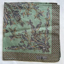 Vintage Mens Handkerchief Green Cotton Foliage Floral Ethnic Pocket Square 16"