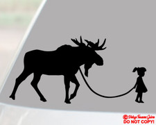 Girl Walking A Moose Vinyl Decal Sticker Car Truck Rear Window Bumper Elk Funny