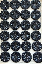 Vintage Buttons -24 Black 4-hole Flat Back Carved Casein Buttons - Britain