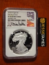 2018 W PROOF SILVER EAGLE NGC PF70 FIRST DAY OF ISSUE FDI MIKE CASTLE SIGNED
