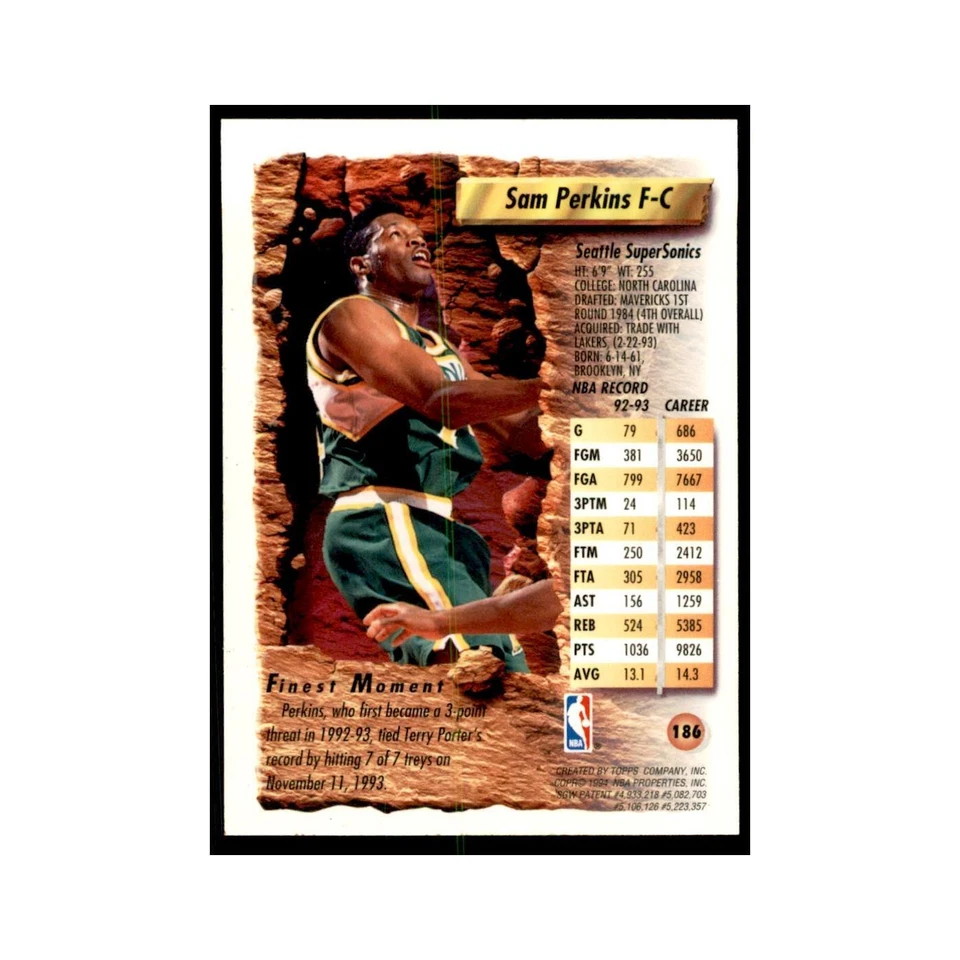 1993 Topps Finest Sam Perkins Basketball Cards #186 - Image 2 of 3