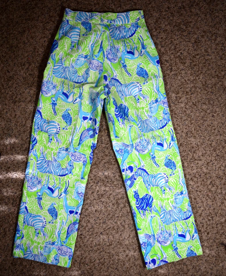 Pantalón Lilly Pulitzer LIza Vintage Talla XS/S 80s Animales Africanos Azul Lima Blanco Foto 2 de 4