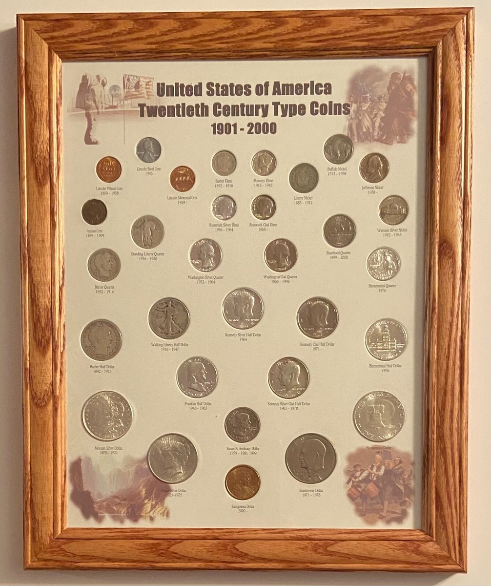 20TH CENTURY TYPE SET IN OAK FRAME ** NICE COINS ** L@@K AT