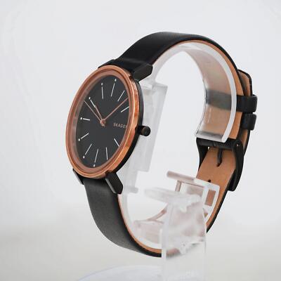 Skagen Hald Steel Rose Gold-Tone Black Dial Leather Strap Ladies