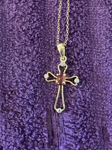 Authentic 925 Silver Gold Plated 18" Garnet Cross Pendant Necklace Diamond Accent