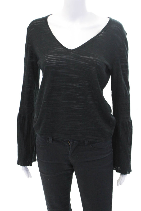 Minnie Rose Womens Cotton V Neck Long Sleeved Casual Shirt Black Size XS